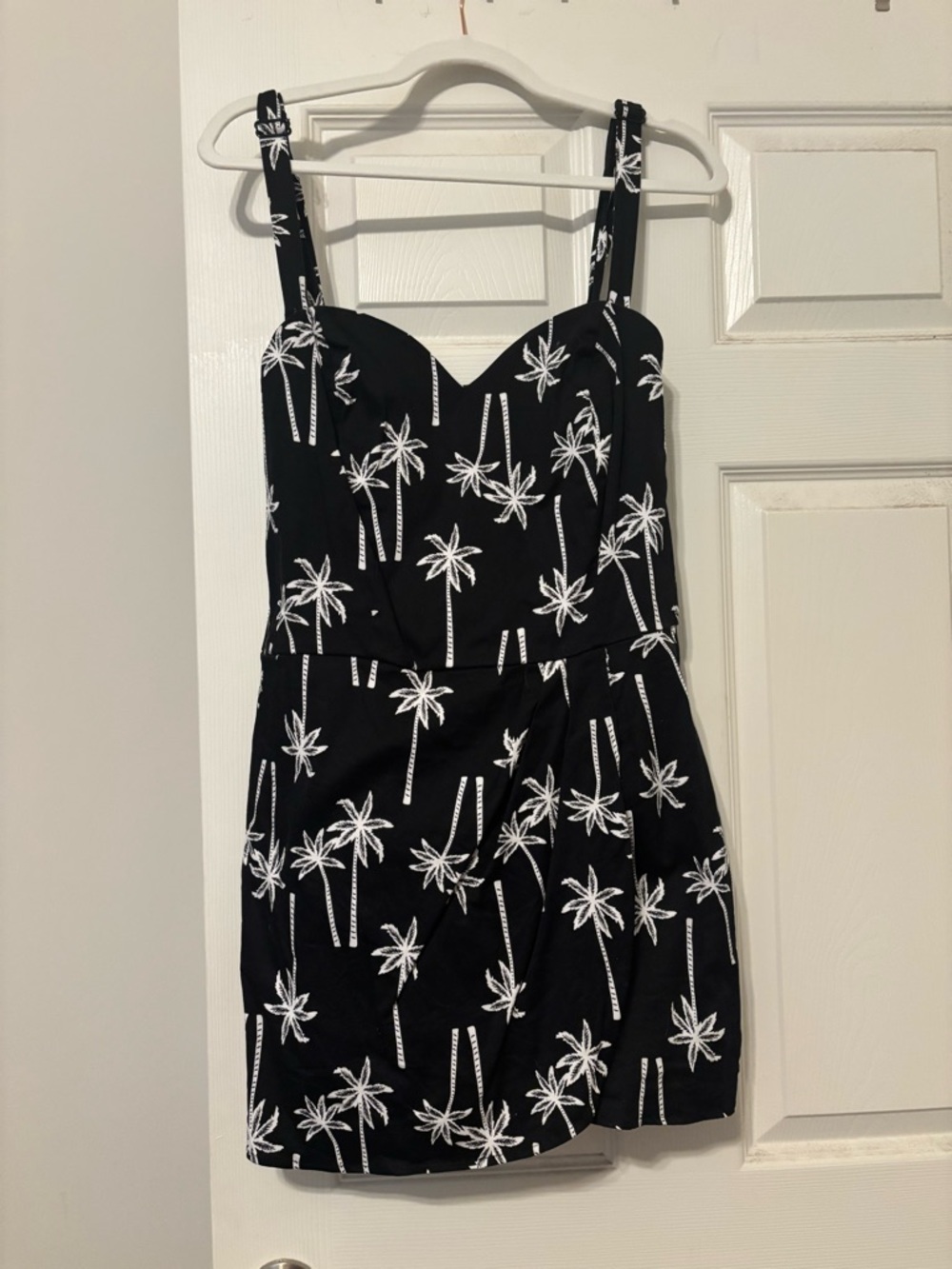 Collectif Black Mini Romper Dress with White Palm Tree Print